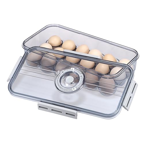BSTKEY Egg Holder for Refrigerator, Egg Container with Time Scale, Egg Holder with Lid for Kitchen Storage, Stackable Tray for 18 Eggs - size: Hold 18 eggs