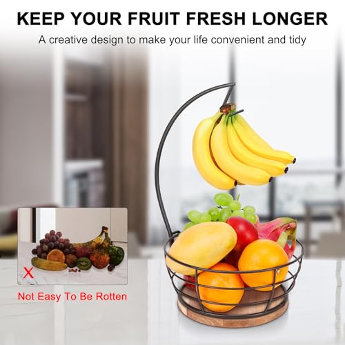 Livabber Countertop Fruit Basket Bowl with Banana Hanger, Modern Standing Fruit Vegetable Bowl Storage, with Banana Tree Holder for Kitchen Dinning Table (Round Wood, Black) - color: Black, style: Round Wood
