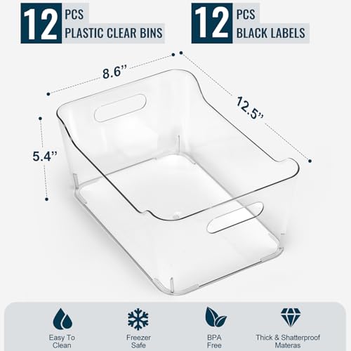 12 PACK Multi-Use Clear Plastic Storage Bins for Organizing w/ Labels - Home, Kitchen, Pantry, Bathroom, Office, Cabinet Shelf Organizer Bins - SOHO Collection, RV, Fridge Organization Containers -XL - size: XL Large