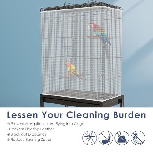 Bissap Bird Cage Seed Catcher, 90-118‘’ Universal Birdcage Net Nylon 31.8'' H Adjustable Elastic Band Stretchy Skirts Mesh Cover for Parrot Cage Seed Guard (Not Include Birdcage)- White - color: White