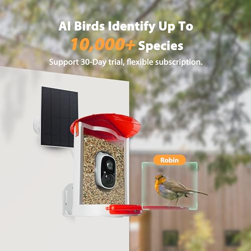 Smart Bird Feeder with Camera Solar, Auto Capture Bird Videos & Motion Detection, Birds Watching Camera Notify in Time, Metal Birds Feeder with Seed Guard, Ideal Present for Mom (Red) - color: Red