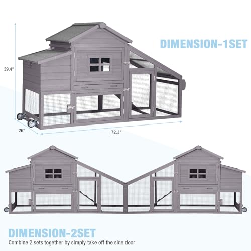 Mobile Chicken Coop with Wheels, Large Wooden Hen House with Run, Chicken Tractor with Waterproof Roof, Nesting Box & Pull-Out Tray, Outdoor Poultry Cage for Backyard Chickens/Rabbits (Grey) - color: Grey