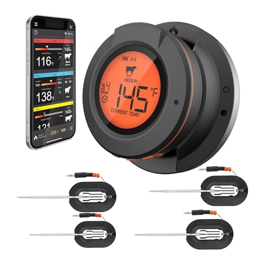 Wireless Digital Thermometer w/4 Probes for Weber, Kamado & BGE | Smart 4-Probe Wireless Hub, Replacement for Smoker, BBQ & Outdoor Grill
