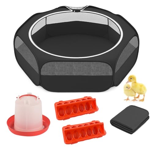 Amakunft 5 in 1 Chick Brooder Box Small Animals Chicken Playpen with Pad Mat, Chick Waterer and Feeder Pop Up Playpen Tent Chicks Coop Indoor/Outdoor for Baby Chicken/Duck - color: Black with Pad+Waterer+Feeder