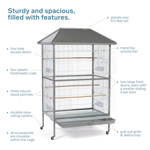 Prevue Pet Products Charming Aviary Jumbo Flight Cage - Large Metal Bird Cage with Rolling Stand, Perches, Feeders & Toy Bar, Ideal for Parakeets, Cockatiels, Lovebirds, Small & Medium Birds - Grey | Large Metal Bird Cage with Rolling Stand, Feeders & Toy