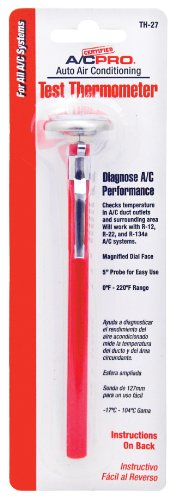 Certified A/C Pro Car Air Conditioner Test Thermometer, Helps Diagnose AC Performace and Checks Outlet Duct Temperature and Ambient Temperature, Includes Holder and Clip, InterDynamics | 5" Probe, Reads 0 Degrees to 220 Degrees F, Checks Outlet Duct Tempe