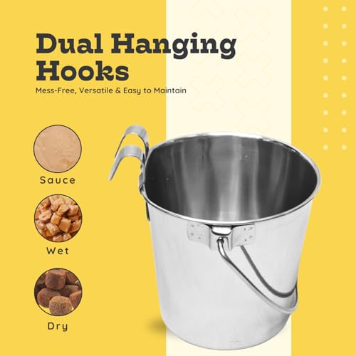 Stainless Steel Flat Side Bucket with Dual Hooks 2 Quart (0.5Gallon)– Heavy Duty Hanging Dog Water & Food Bowl Kennel, Cage & Crate, Durable Pet Pail for Dogs, Cats, Birds & Small Animals - size: 2 Quart