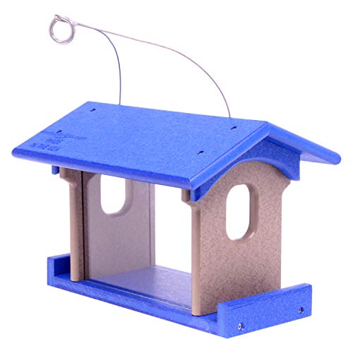 Bluebird Feeder - Poly Lumber - Hanging Blue Bird Feeder for Mealworms (Blue and Weathered Wood) - color: Blue and Weathered Wood