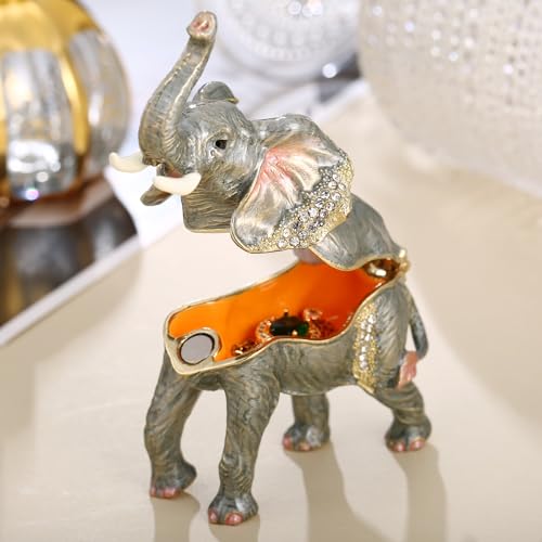 Hand Painted Enamel Lucky Elephant Trinket Box, Hinged Unique Mini Ring Necklace Jewelry Organizer, Classical Bejeweled Storage, Figurine Collectible Keepsake Home Decor (Elephant-2) - color: Elephant-2