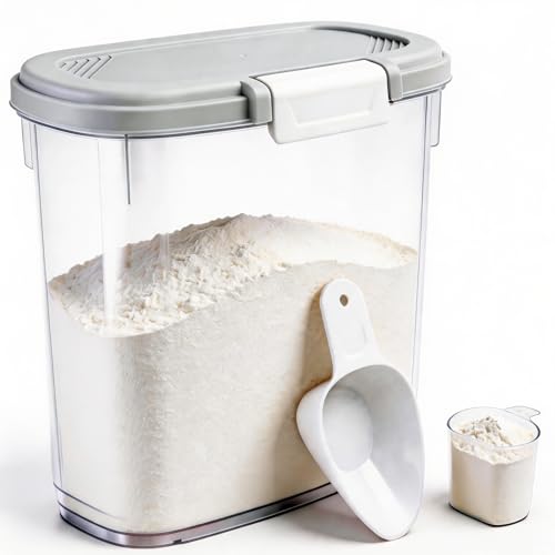 Rice Storage Container 15-20 Lbs, Tall Flour Bin Container with Scoop, Cup | Slim Dry Food Container Storage Bin for Cereal, Sugar, Beans, Pet, Dog, Cat Food, Kitchen and Pantry Storage Organization - color: Gray White