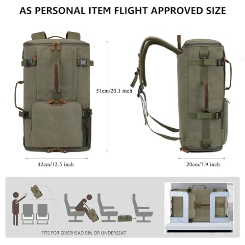Travel Backpack for Men, 40L Flight Approved Carry On Backpack, Water Resistant Canvas Rucksack with 17.3" Laptop Sleeve, Convertible Duffel Bag for Airplane, Business & Travel - color: Green