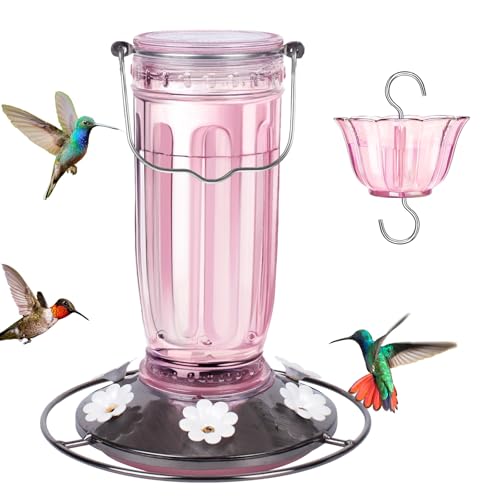 Kingsyard Glass Hummingbird Feeder for Outdoors Wild Bird Feeder with 6 Feeding Ports Hanging for Garden Yard, Pink (Ant Moat Included) - color: Pink