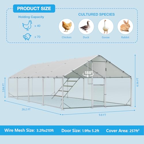 Large Metal Chicken Coop, Outdoor Chicken Run with Cover, 10 x 26 x 6.5 FT | Heavy-Duty Poultry Enclosure & Chicken Pen with Split Doors, Galvanized Steel Frame, Free Wire Mesh Fence and Roosting Ladder - size: 10' x 26'