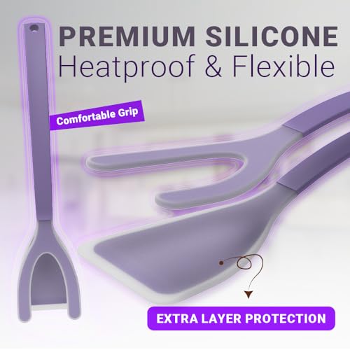 Silicone Egg Flipper Spatula Tongs (Set of 1) – Non-Stick 2-in-1 Grip & Flip Kitchen Tongs for Pancakes, Fish, Eggs, and More – Heat Resistant Cooking Tool (Purple) - color: Purple