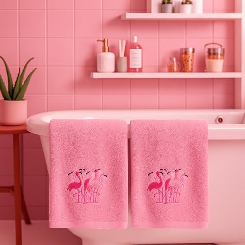 SmoothNovelty 2 Pcs Flamingo Hand Towels Pink Bathroom Decor 14x29 Inch | Embroidered Hot Pink Bathroom Hand Towels, 100% Cotton, Soft Absorbent, Summer Hawaii Bathroom Kitchen Decor - style: Flamingo
