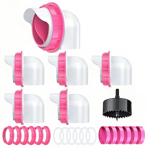 Chicken Feeder Port, 6 Chicken Feeders No Waste, 6 Lids 1 Drill Bit, Pink | Rainproof DIY Automatic Poultry Feeder Cups Kit, Common Breeds Chicken Bucket Feeder for Barrels - color: Pink, size: 6 pack