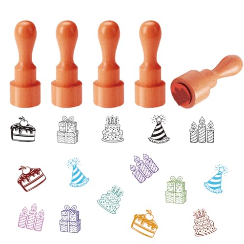 AHANDMAKER 5 Styles Mini Birthday Party Wooden Rubber Stamp, Small Cake/Gift/Party Hat/Candle Patterns Stamps for DIY Making Scrapbooking Card Stamping Pottery Clay Crafting - style: Birthday Party