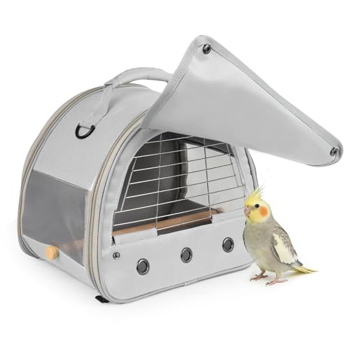Bird Travel Carrier Cage, with Stainless Steel Metal Window and Wood Perch, Portable Bag for Cockatiel Parakeet Conure Green Cheek Budgie (Grey, Steel Window) - color: Grey