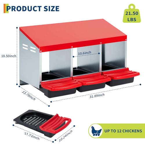 Chicken Nesting Boxes, Metal Chicken Egg Laying Box, Hen Nesting Box with Swing Perch and Rollout Egg Collection for Chicken Coop, Red, 3 Compartments - color: Red with 3 - Slot