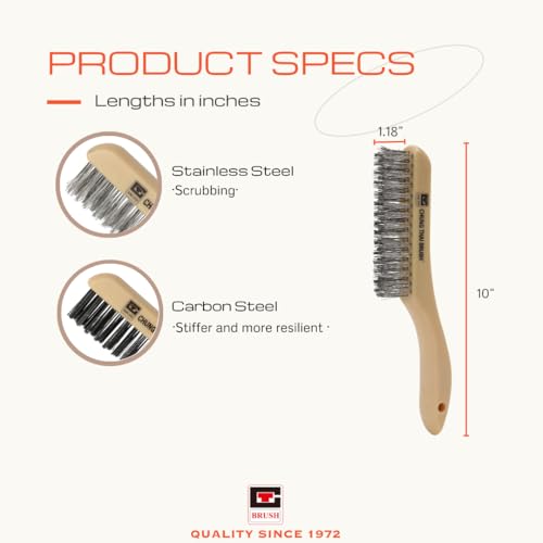 10” Plastic Handle Wire Brush Set (C80400) – 2 Pack 4 Row Scratch Brush Premium Carbon Steel Bristles and Stanless Steel Set, Durable, Paint Removal, Rust Removal, Scrubbing, Deep Cleaning