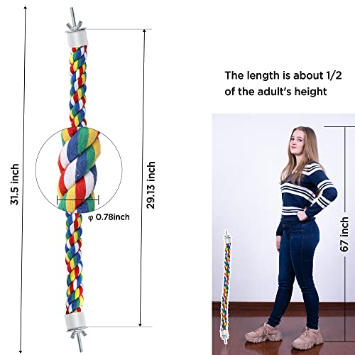 Mygeromon Bird Rope Perches Cage Climbing Accessories (31.5inch Metal nut) | for Parakeet, Parrot, Cockatiels, Budgie, Colorful