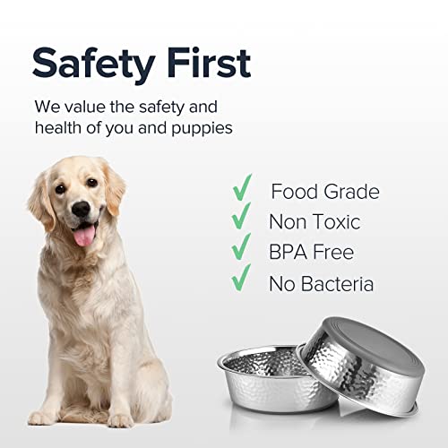 URBUDDIES 2 Pack Hammered Stainless Steel Dog Bowls, 8 Cup, Gray Bottom | Premium Metal Dog Bowls with Non Slip Rubber Bottom, Dishwasher Safe, Easy to Clean - size: 8-Cup