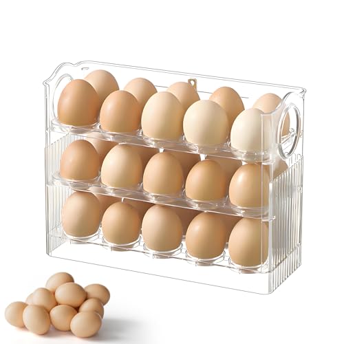 Egg Holder for Fridge, Holds 30 Eggs, Clear | 3-Tier Stackable, Egg Organizer for Refrigerator, Date Tracker & One-Hand Access, BPA-Free PET