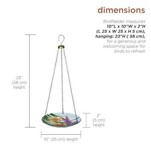 Alpine Corporation KBD158 Outdoor Hanging Glass Bird Feeder and Birdbath, Floral and Dragonfly Design with Chain, 10" W, Yellow - style: Floral and Dragonfly