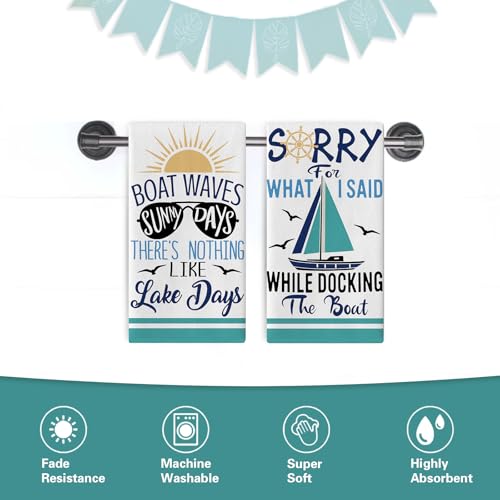Nautical Lake House Kitchen Dish Towels Set of 2, Boat Waves Sunny | Days Sailboat Sunglasses Seagull Drying Hand Towel Baking Cooking Cloth, Funny Quotes Bathroom Home Decoration 18'' x 26'' - color: Daily-3