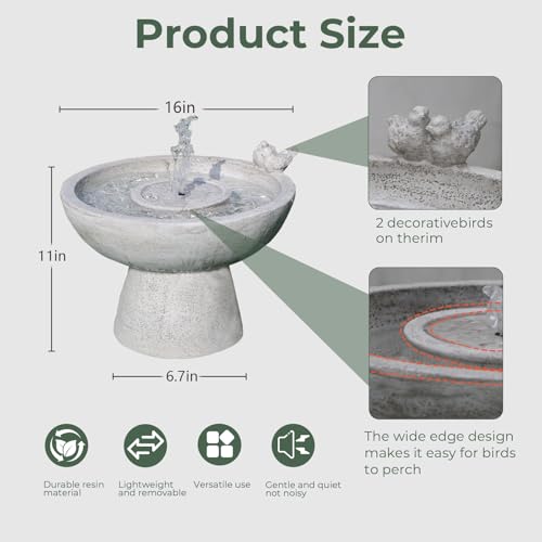 Bird Bath with Bubbler Spray Fountain 13" Height Freestanding Resin Birdbath Water Fountain Plug-in Powered Outdoor Water Feature Bird Playing Bowl for Garden, Patio, Yard, Balconies and Lawns