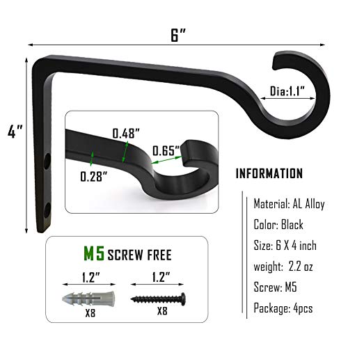6inch Al-Alloy Hanging Plant Bracket Black 4 Pack | Hanging Bird Feeder, Lantern, Flower Basket | Rust-proof | Max 22lb Load | Shepherd Hooks | Outdoor Indoor, Screws & Anchors - color: Black(4Pack), size: 6in Aluminum Alloy
