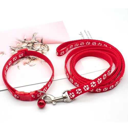 Puppy Dog Collar Leash Set,Cat Kitten Collars with Bell, Red XXS,XS | Paw Print Reflective Dog Collar Leash Set with Bell, Basic Nylon Boy Girls Pet Collar Adjustable For XXS XS S Tiny Puppies - color: red