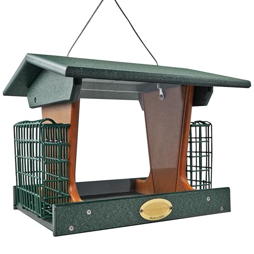 DutchCrafters Poly Hopper Bird Feeder with Suet Holder, Large Suet Feeder for Birds, Outdoor Hanging - Amish American Made (Turf Green & Cedar) - color: Turf Green & Cedar