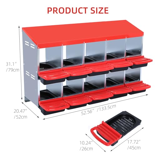 GarveeHome 2-Tier Chicken Nesting Box, 10 Compartment Metal Chicken Laying Boxes with Waterproof Roof ＆ Removable Trays for Hens, Poultry，Easy Egg Collection - color: Red, size: 10 holes