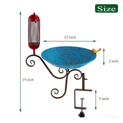 Metal Deck Mounted Bird Bath, 12" Beck Railing, Balcony Bird Bath for Outdoor, Garden, Patio, Antique Blue Green