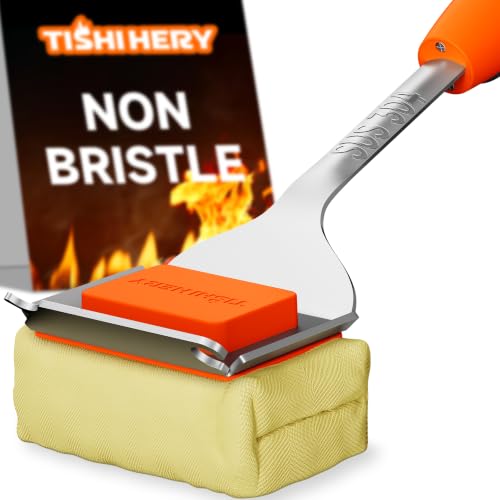 Grill Brush Bristle-Free with Scraper, Kevlar Steam BBQ Cleaner, Orange | Non-Metal Bristle, Replaceable Head, 17" Handle, 4-in-1 Scraper, for Porcelain, Ceramic, Stainless Steel, Cast Iron Grate - color: Grill Brush & Scraper