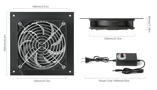 Nalle 120MM Quiet Cooling Single Fan System with Power Adapter and Speed Control for Home Theater AV Cabinets Server Cabinet Greenhouse Cooling 6.3 * 6.3" Front-Panel