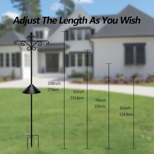 Luzbirba 92in Bird Feeder Pole, Shepherd Hook, 6 Hooks, 5-Prong Base | Heavy-duty pole with squirrel baffle for bird feeders, hanging plants, outdoor lanterns & hummingbird feeders, yard decor
