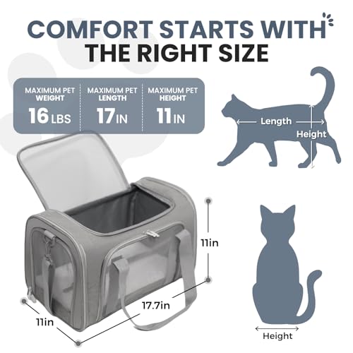 Soft-Sided Cat Carrier 18x11x11 in Expandable Travel Pet Bag 15LBS | For Cats and Small Dogs with Anti-Scratch Mesh Washable Mat Collapsible Escape-Proof Airline Approved with Shoulder Strap - color: Gray, size: 11.0"L x 11.0"W x 18.0"H