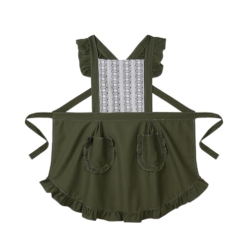 Cute Cotton Apron for Women, Adjustable Bib Cooking Kitchen Aprons with Pockets for BBQ Drawing Baking - color: Army Green