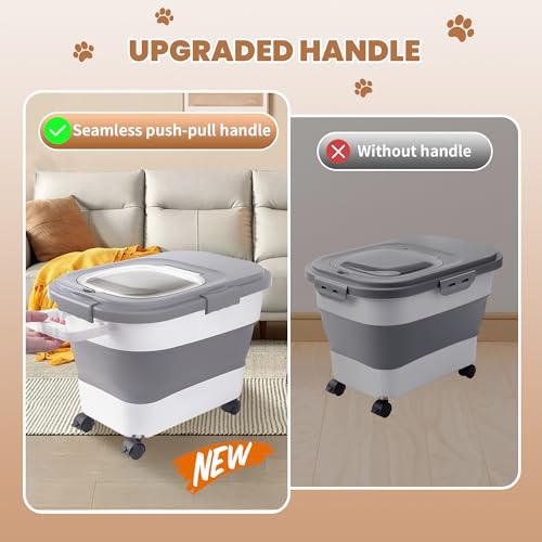 15-23Lbs Airtight Dog Food Storage Container,Collapsible Dog Food Container | Cat Food Container with Double Airtight Seal & Magnetic Lid,Large Pet Food Storage Container Wheels & Handle for Easy Moving - color: Grey/23 LBS