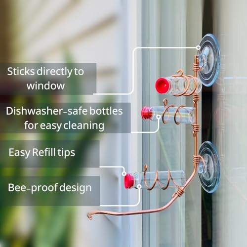 Window Hummingbird Feeder | Handcrafted Copper and Aluminum | Multiple Stations | Modern Hummingbird Feeder | Glass Bottles | Suction Cups (Copper, Three Station) - size: Three Station - Standard Perch