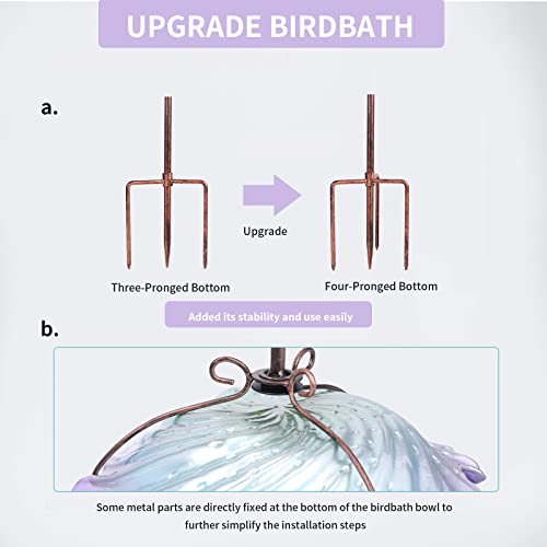 MUMTOP Bird Bath for Outside, Glass Birdbath Birdfeeder Purple Garden Stake | 26 Inch Flower Bird Bath for Outdoors with Four-Prong Ground Stake, Stable and Durable Design, Easy to Clean, Outdoor Decor - color: Purple