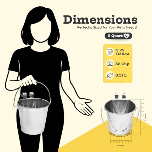 9 quart Stainless Steel Flat Sided Bucket with Dual Hooks | 2.25 gal Food & Water Bowl for XL Dog Goat Sheep Cattle Horse & Livestock | Fits kennel Crate Cages Farm | Hanging Utility Pail - size: 9 Quart