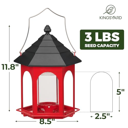 Kingsyard Metal Bird Feeder for Outdoors Hanging, 3 lbs Seed Feeder, Wild Bird Feeders for Garden Cardinal Finch Bluebird, Easy to Fill & Clean, Red - color: Red