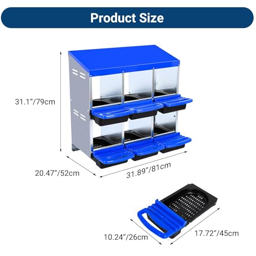 GarveeHome 2-Tier Chicken Nesting Box, 6 Compartment Metal Chicken Laying Boxes with Waterproof Roof ＆ Removable Trays for Hens, Poultry，Easy Egg Collection - color: Blue, size: 6 holes