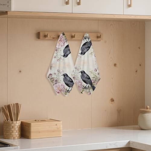 2 Pcs Black Raven Kitchen Towels Floral Decorative Tea Towel | Absorbent Microfiber Dish Cloth, Waffle Soft Hand Towels for Farmhouse, Home, Bathroom, Housewarming Gifts - color: Multi 1254