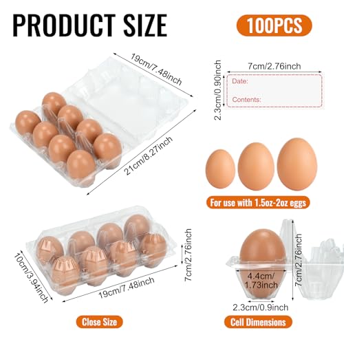 100 Pack Plastic Egg Cartons Cheap Bulk 8 Count, Clear Egg Trays 2x4 Grids | Comes with Date Tracking Stickers Egg Care Instructions, Reusable Egg Holder for Refrigerator, Family and Chicken Farm