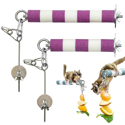 SMOLKITH 2-Pack Bird Perch with Fruit Vegetable Holder, Textured Nail Trimming Stand for Sugar Gliders, Parrots & Cockatiels, 304 Stainless Steel Foraging Skewer, 17cm & 21cm (Purple) - color: Purple