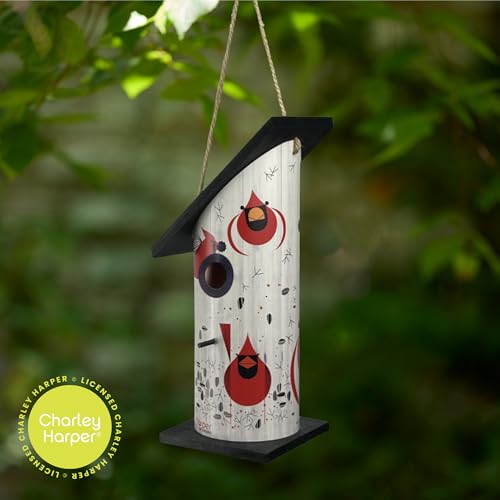 Red Carpet Studios Outdoor Bird House for Cardinals - Large Round Birdhouse, 20.5" Long, Cardinal Courtship by Charley Harper, Pine Wood and PVC Construction - color: Cardinal Courtship
